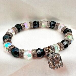 Vintage 90s‎ Glass Bead Silver Tone Locket Charm Bracelet Boho Fashion Jewelry